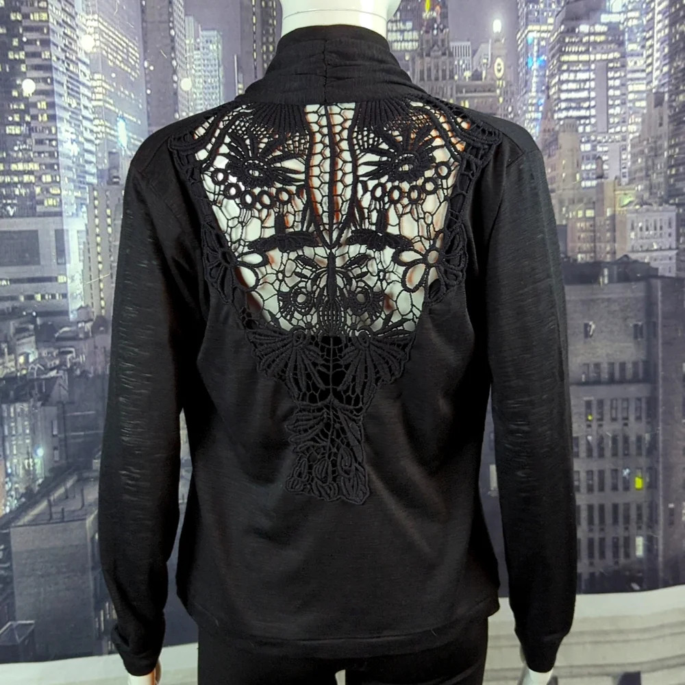 Confess sz L Crocheted Lace Back Long Sleeve Open Front Jet Black Cardig…